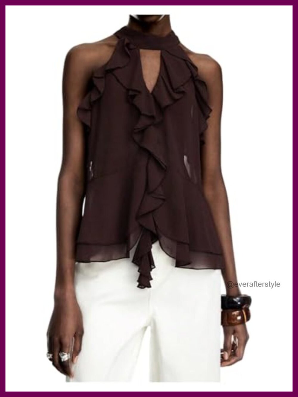 Women's Ruffle Hem Halter Tank Top Sleeveless Keyhole Back Flowy Chiffon Blouse